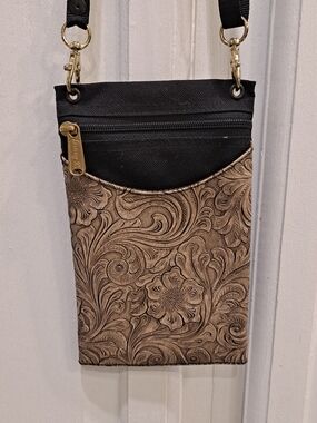 Danny K Black Canvas & Handtooled Floral Crossbody Pouch – Brown and Black